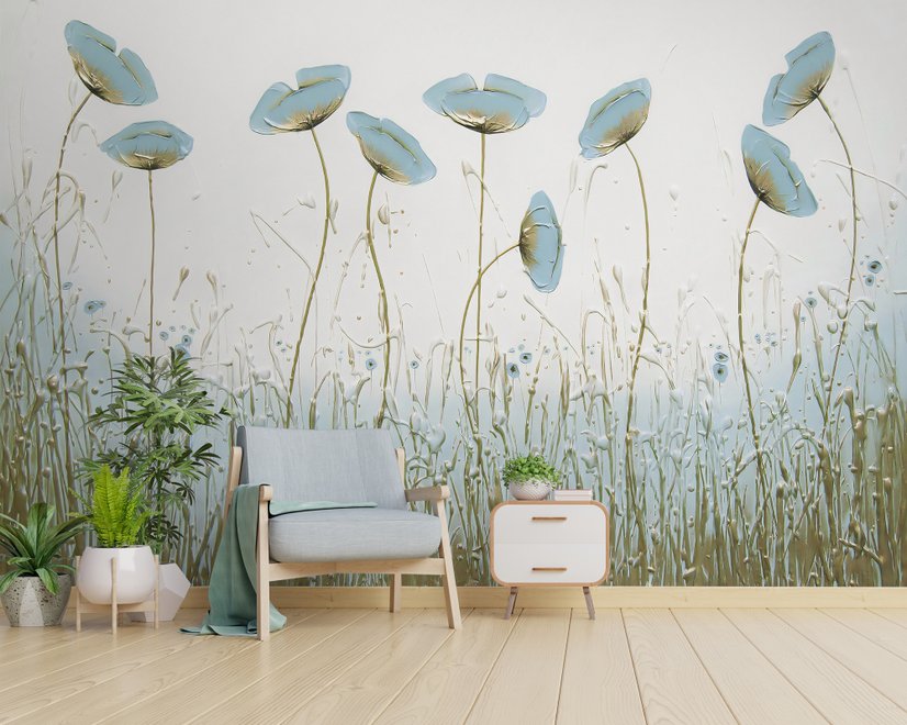 Peinture à l'huile bleu coquelicot fleurs Papier peint panoramique