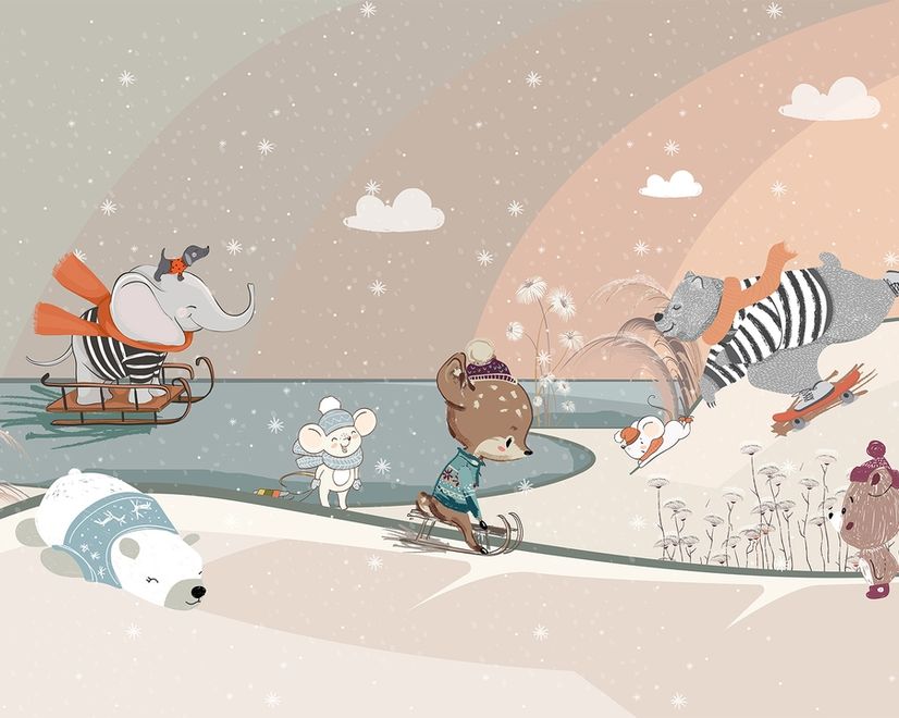 Kinderzimmer Schneelandschaft mit niedlichen Cartoon-Tieren Fototapete