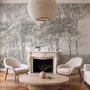 Coastal woodland wallpaper mural with grey trees, sandy path, sea horizon and small white sailboats