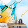 Blue Yellow Watercolor Brush with Modern Lines Wallpaper Mural