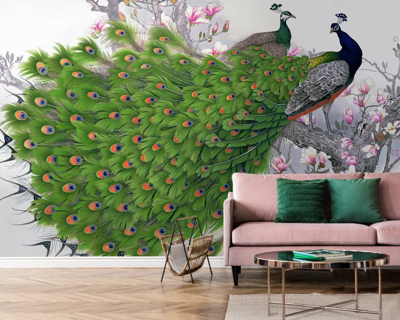 Elegant Peacock with Cherry Blossom Wallpaper Mural