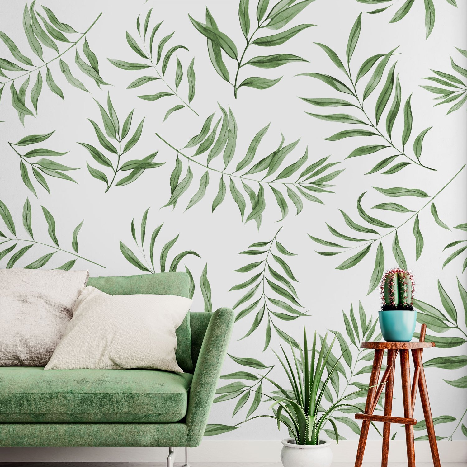 Watercolor Green Palm Leaf Pattern Wallpaper Mural - Peel and Stick