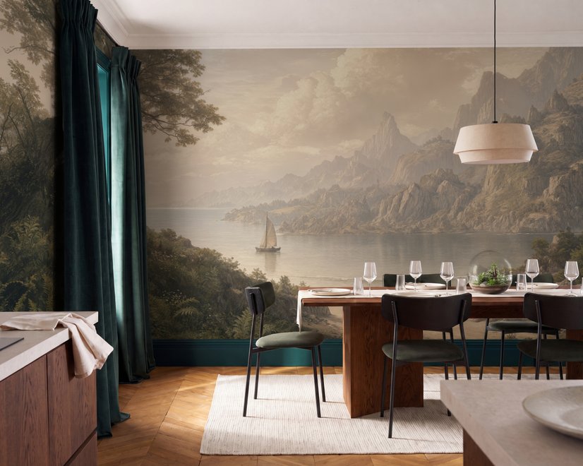 Landscape wallpaper mural with sepia coastal mountains, sailboat, beach figure and foreground tree