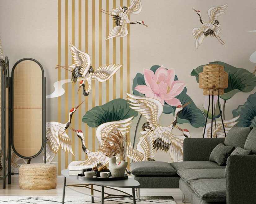 Papier peint oiseaux grue chinois fleurs lotus