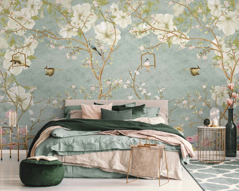 Soft Chinese White Florals with Birds Wallpaper Mural