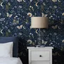 Midnight navy moody botanical wallpaper with lavender butterflies, ivory moons, gold stars, flowers and mushrooms
