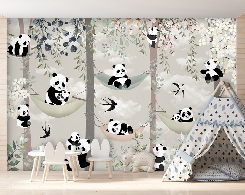 Nursery Panda Bear on Hammock Trees Wallpaper Mural