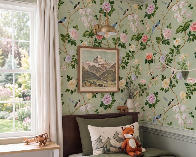 Celadon-sage chinoiserie wallpaper with blue-grey birds, tan branches, pink peonies and white orchids