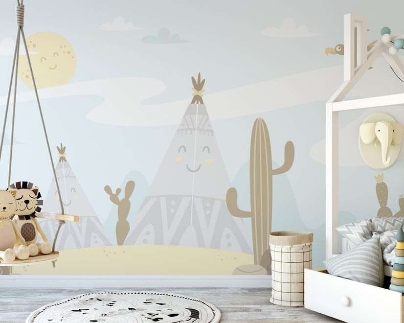 Cartoon Landscape with Happy Sun Wallpaper Mural