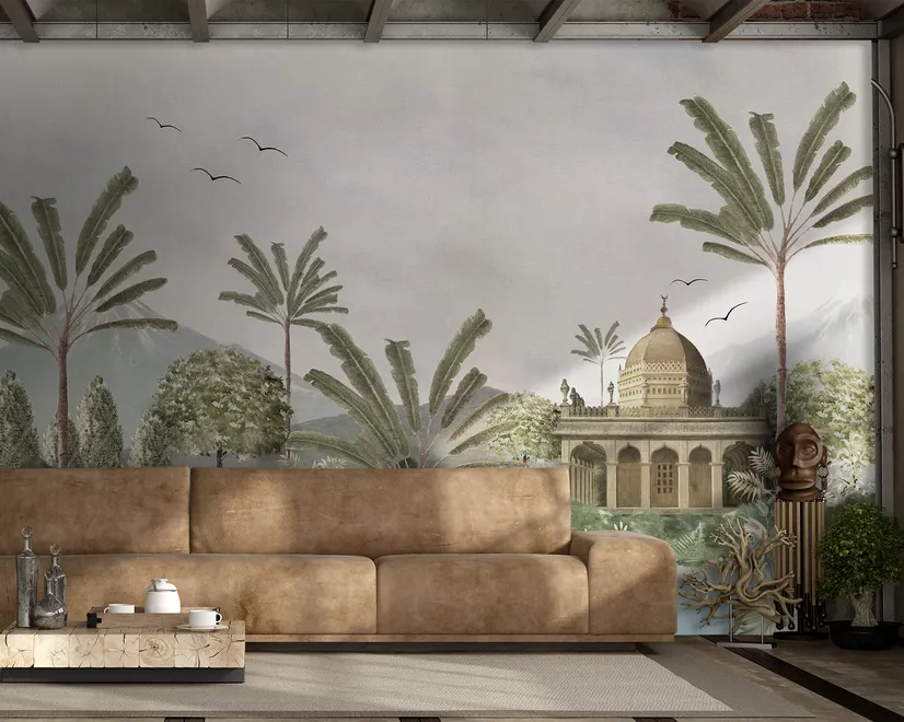 Vintage River Landscape with Mosque Historical Art Wallpaper Mural