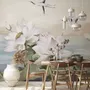White Lotus Floral and Crane Birds Wallpaper Mural