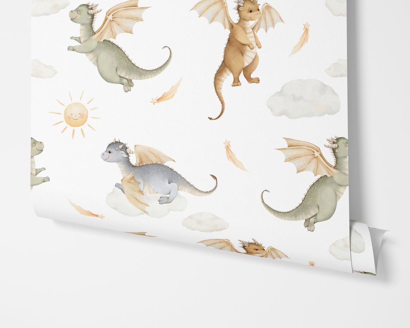 Kids wallpaper with sage, caramel and blue-gray watercolor dragons, clouds, sun and stars on white