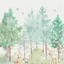 Aquarell Grüner Wald mit niedlichem Fuchs, Igel und Elch Fototapete