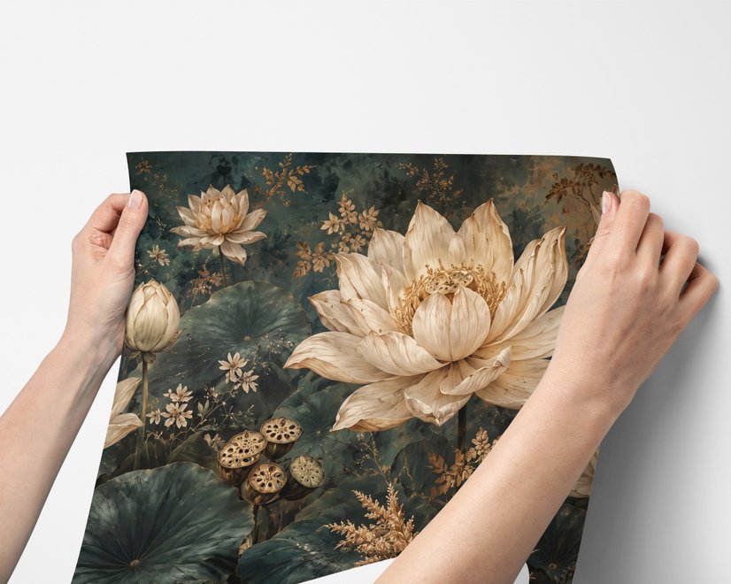 Ivory lotus flowers and seed pods on charcoal teal lily pads in a botanical lotus wallpaper mural