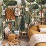 Architectural design wallpaper mural of forest treehouses, rivers, boats and small figures in green watercolour
