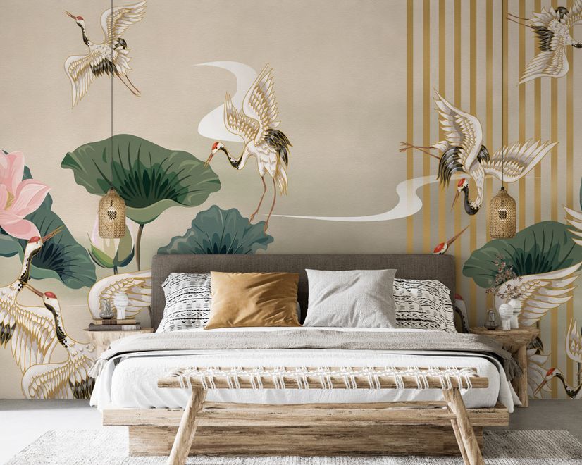 Chinese Crane Birds with Lotus Florals Wallpaper Mural