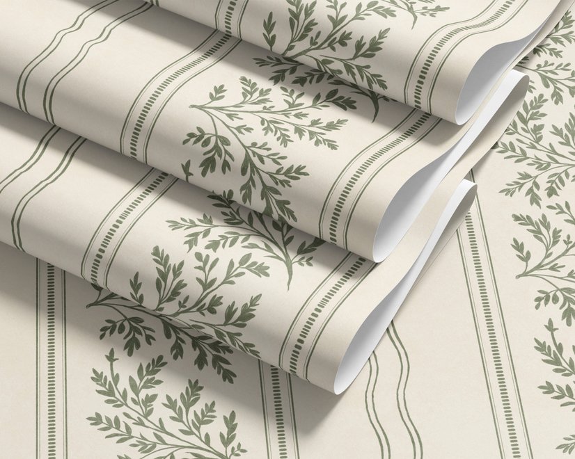 Green aesthetic wallpaper with sage leafy sprigs, fine vertical rules and dotted borders on cream ivory