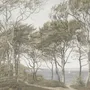 Tree wallpaper forest mural with olive coastal woodland, bare branches, shoreline path and small sailboats
