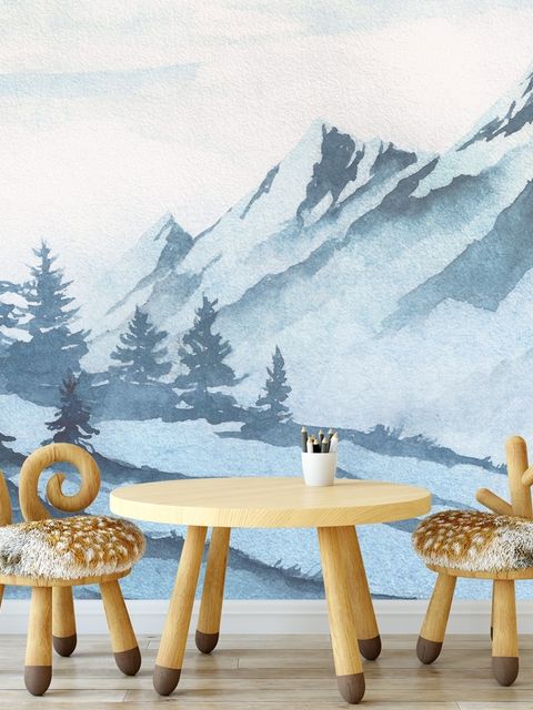 Papier peint panoramique pour enfants, paysage de montagne avec ours de dessins animés