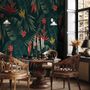 Papier peint panoramique rouge à motifs floraux et de feuilles de palmier