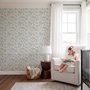 Cute cats wallpaper with dusty blue toile kittens, roses and garden scenes on warm cream