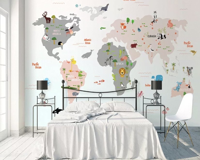 Papier peint panoramique carte du monde colorée avec animaux de dessin animé