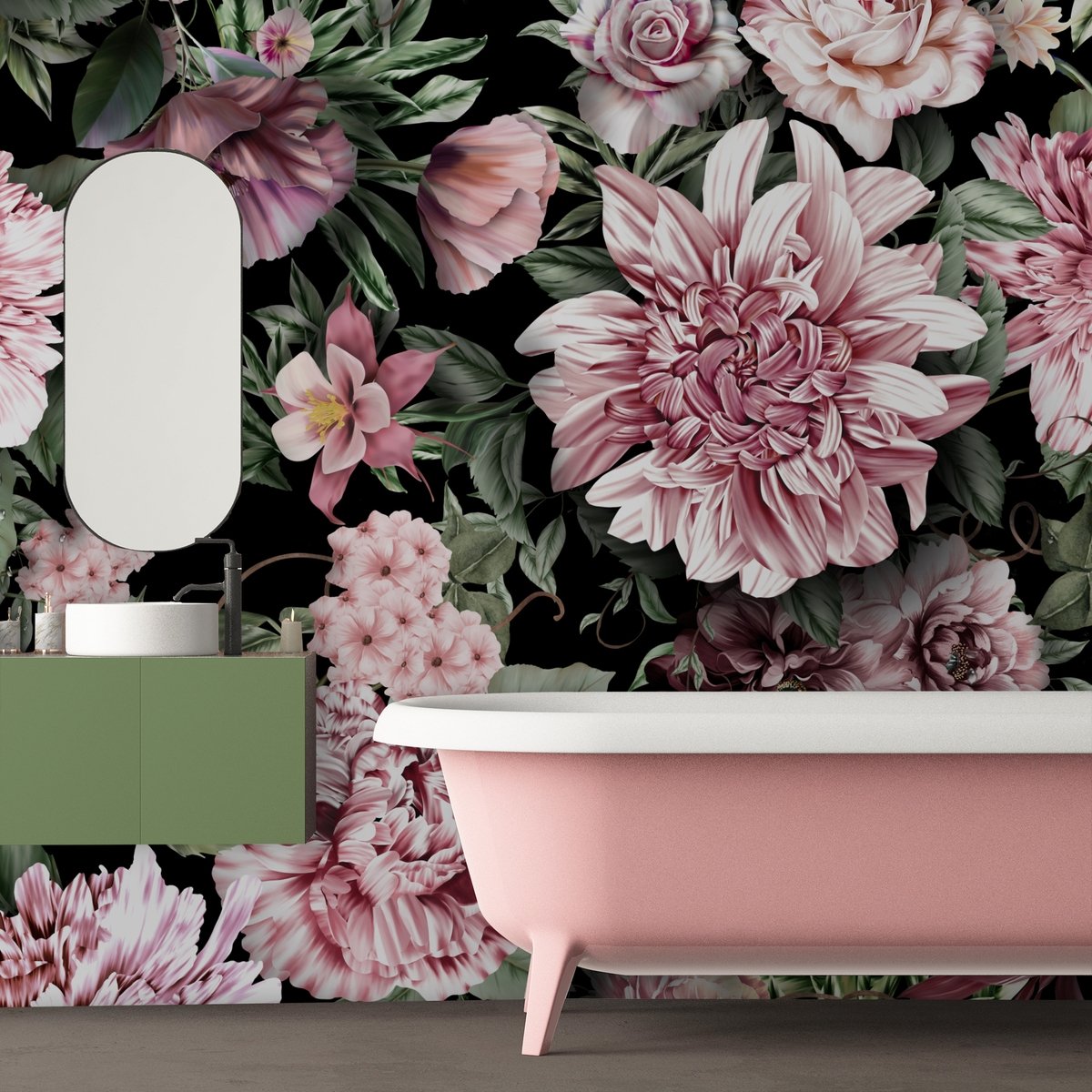 Florals With Green Leafs Wallpaper Mural - Peel and Stick