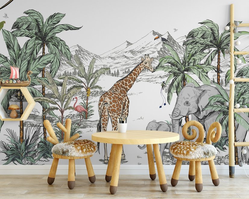 Kids Tropical Animals with Mountain Wallpaper Mural