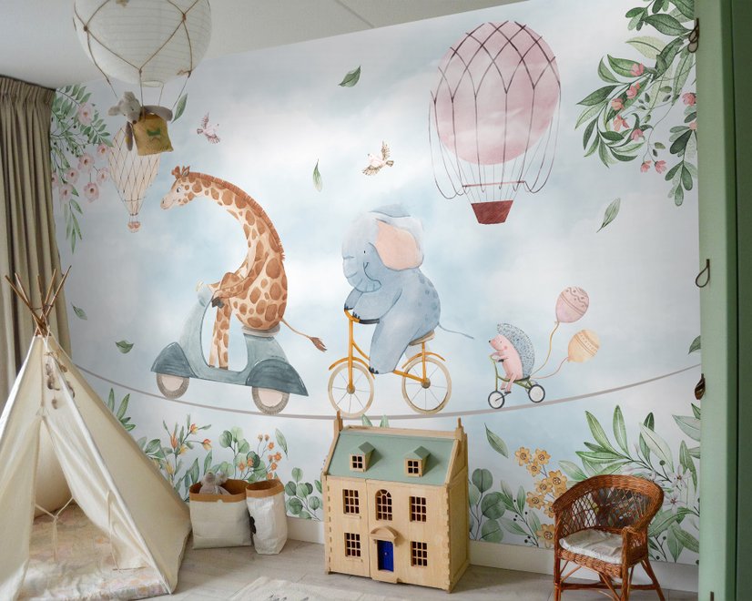 Kids Cycling Riding Cute Animals Wallpaper Mural