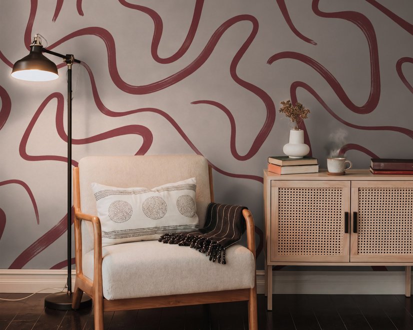 Burgundy-red looping contour lines on blush cream pink wallpaper mural