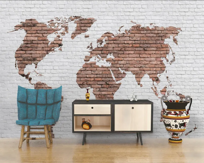 White Brown Brick World Maps Wallpaper Mural