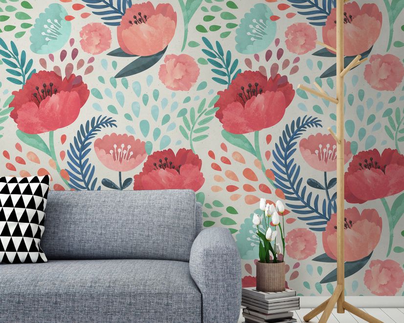Watercolor Corn Poppy Floral Wallpaper Mural