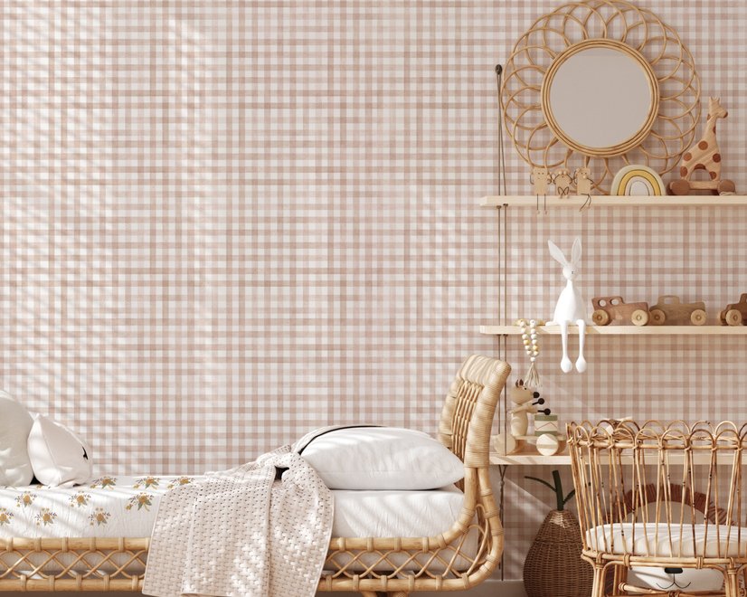 Soft brown wallpaper with pale beige gingham checks on a warm cream off-white ground