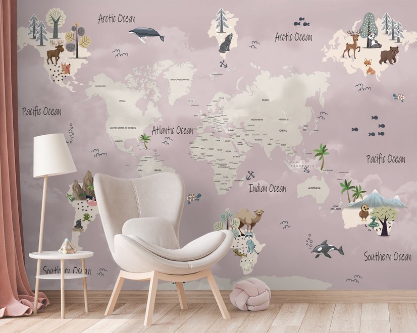 Papier peint panoramique de la carte du monde pour les enfants