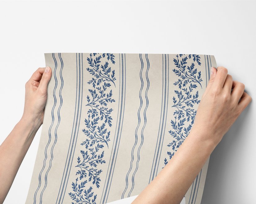Blue wallpaper with indigo botanical stripework, pinstripes and dotted borders on warm cream parchment