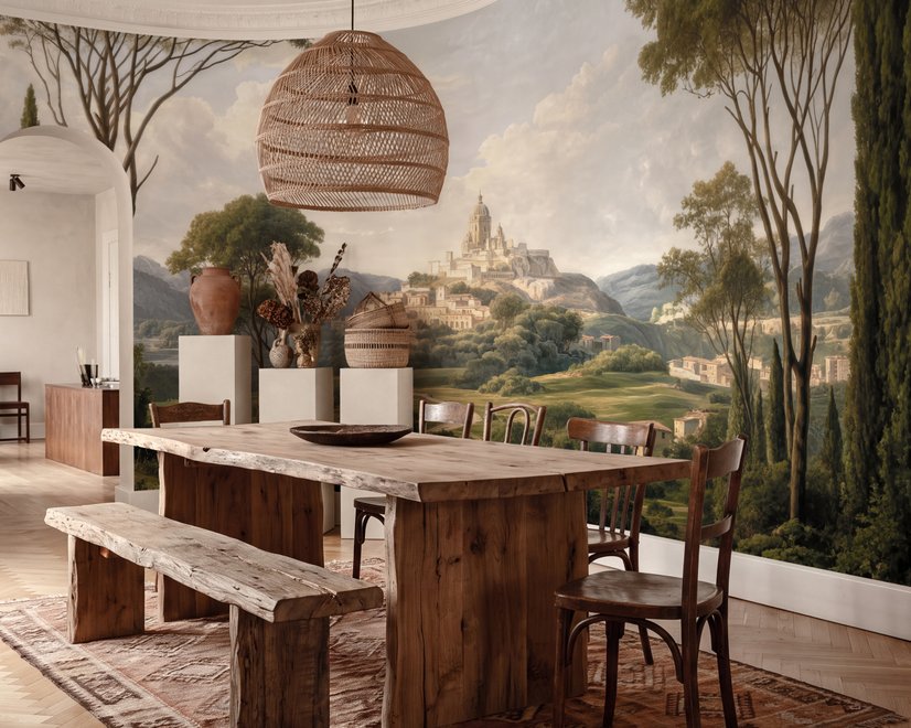 Vintage oil painting wallpaper of cypress trees, villas and a domed cathedral in an Italian landscape