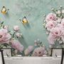 Vintage Pink Floral and Yellow Butterfly Wallpaper Mural