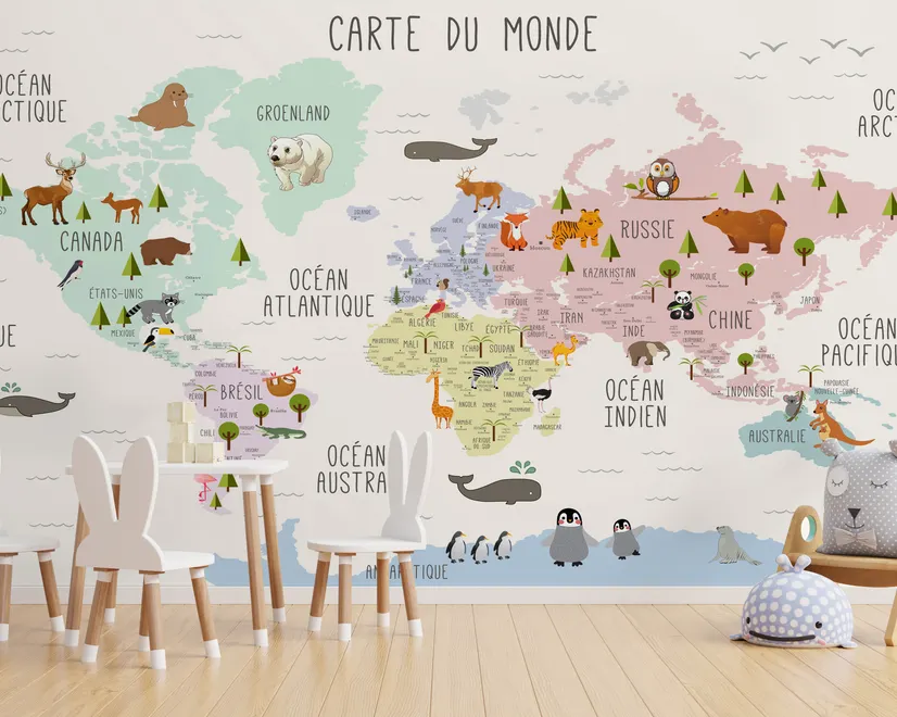  Carte éducatif en Français - Papier peint carte du monde éducative avec animaux pour enfants et bébé