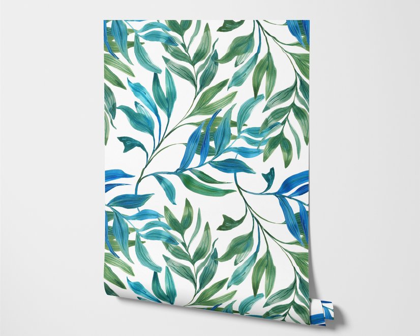 Dark olive green wallpaper with teal and cobalt watercolour lance leaves on a white ground