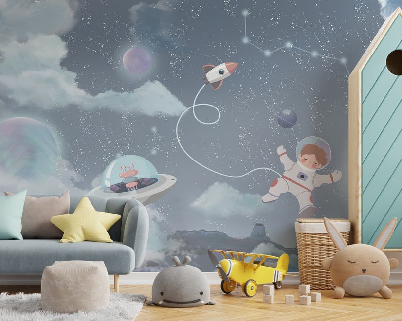 Soft Shining Planets and Astronaut for Boys Space Wallpaper Mural