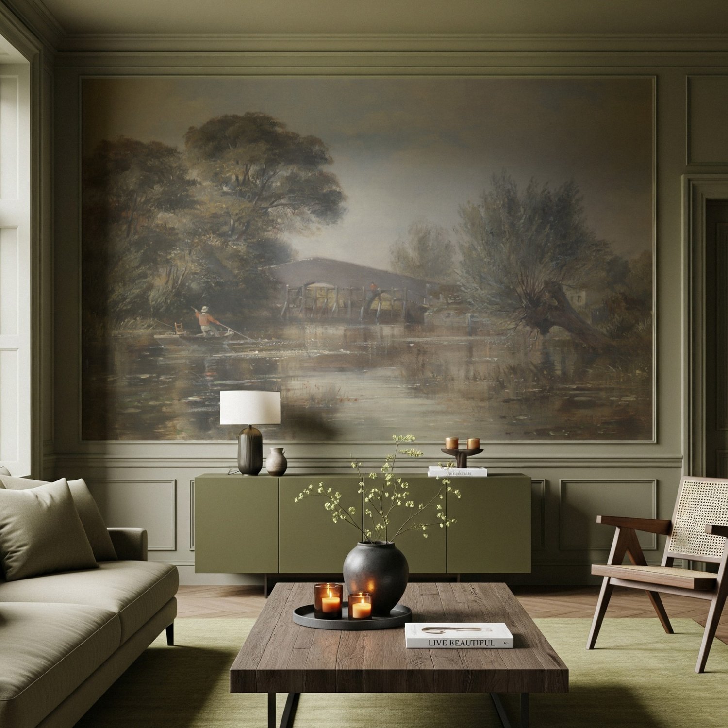 Rustic Riverside Landscape Wallpaper Mural - Peel and Stick