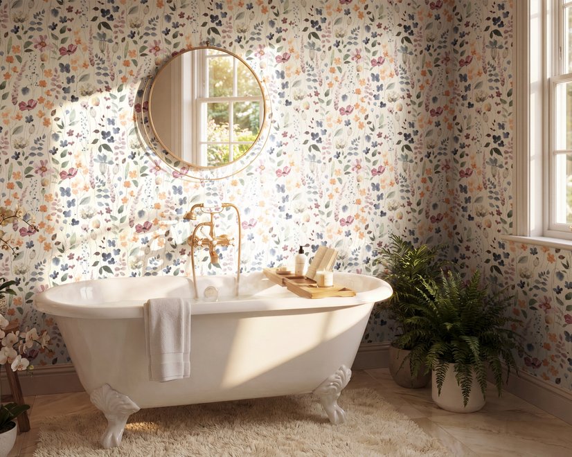 Watercolour floral wallpaper repeat with navy, blue, blush and peach wildflowers on warm cream