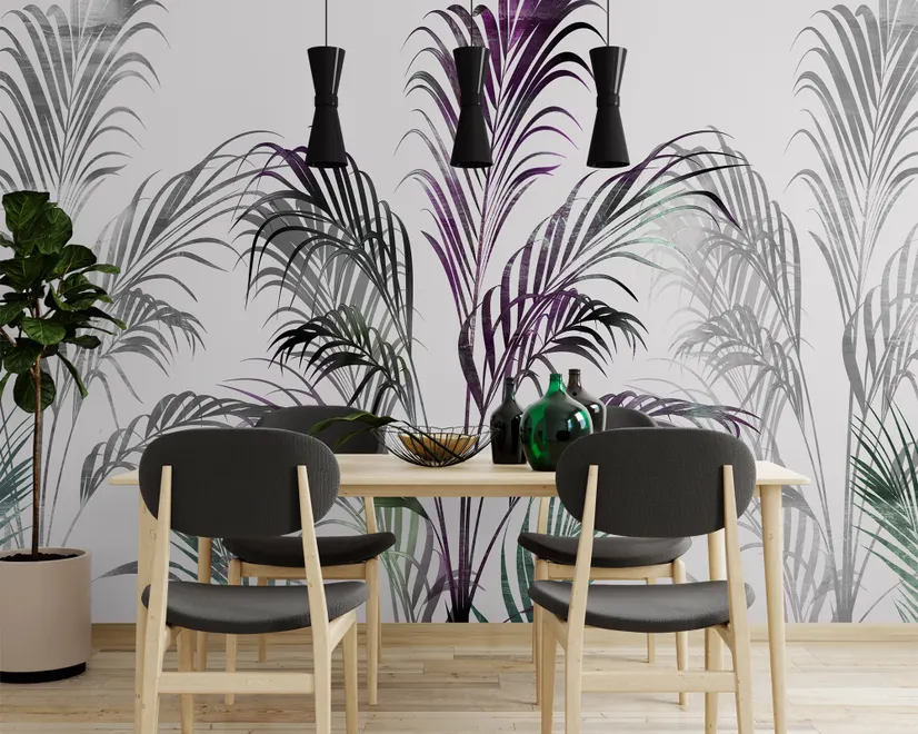 Tropical Fresh Purple Green Palm Leaves Wallpaper Mural