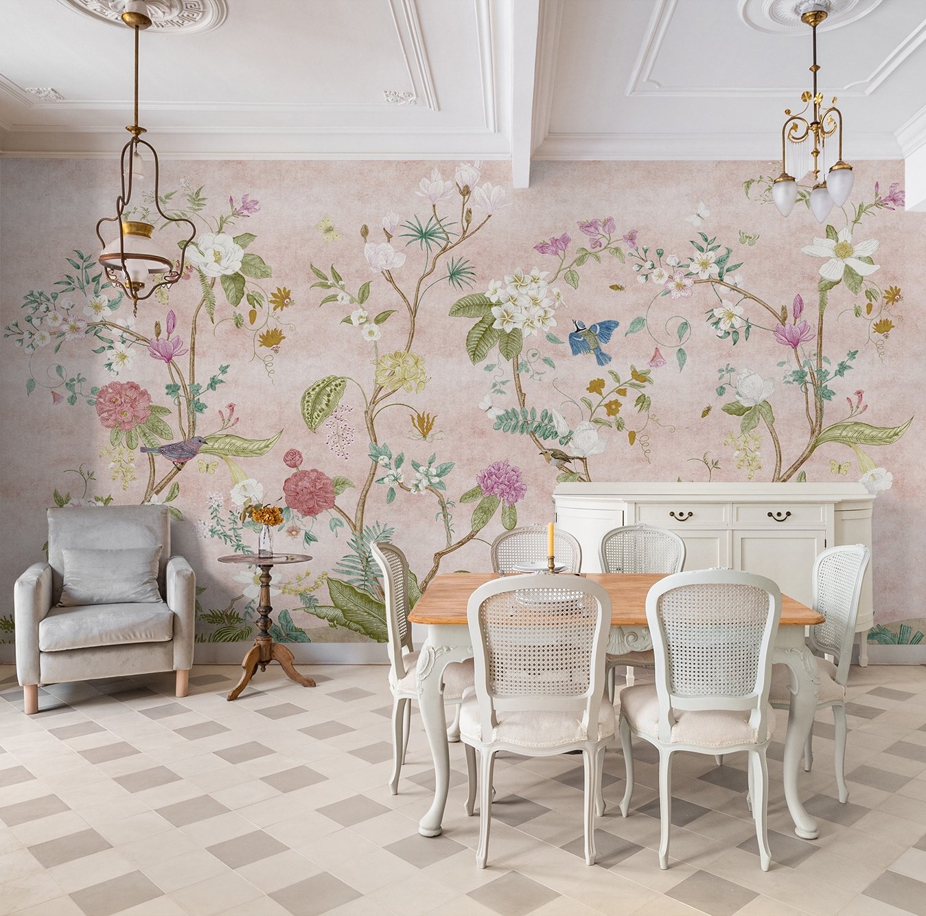 Colorful Chinoiserie Floral Wallpaper Mural - Peel and Stick