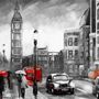 Monochrome Charcoal City Landscape and Red Bus Wallpaper Mural