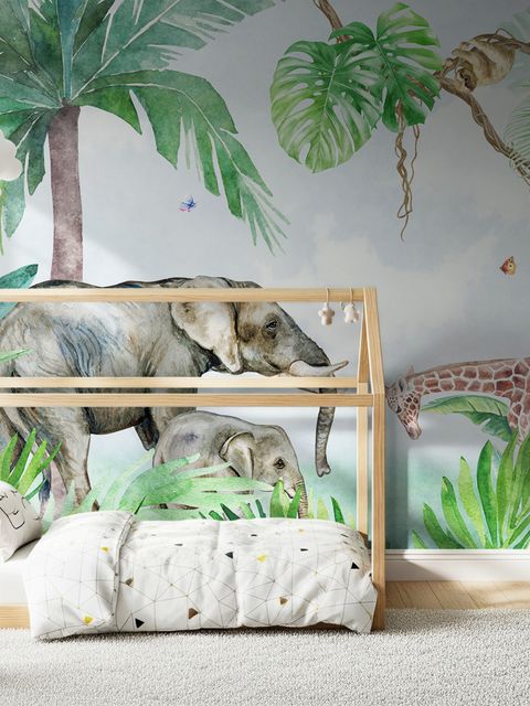 Papier peint panoramique de la forêt tropicale des enfants avec des animaux mignons de Safari