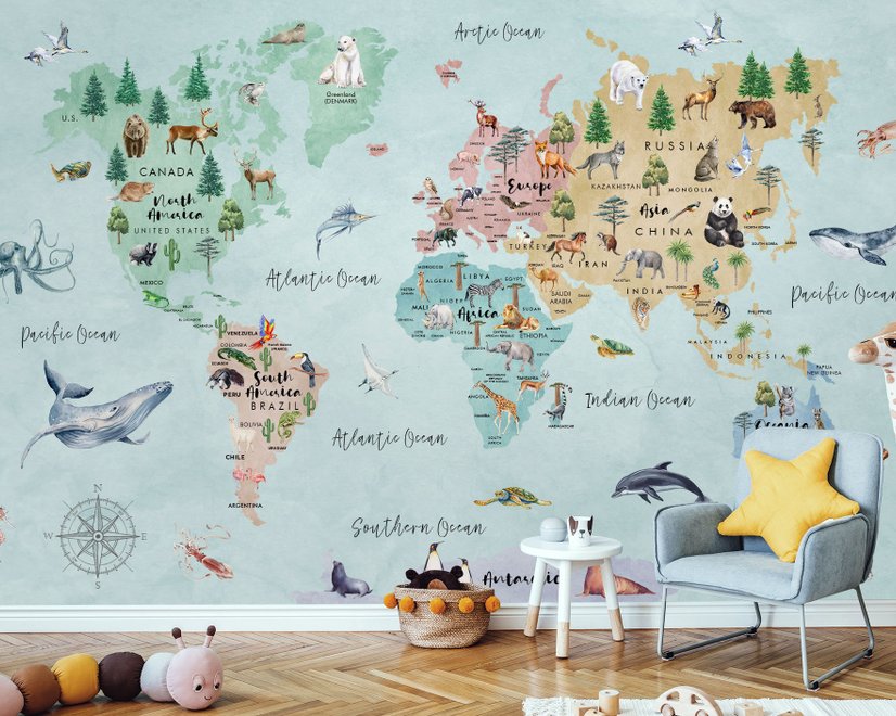 Kids Watercolor World Map Wallpaper Mural