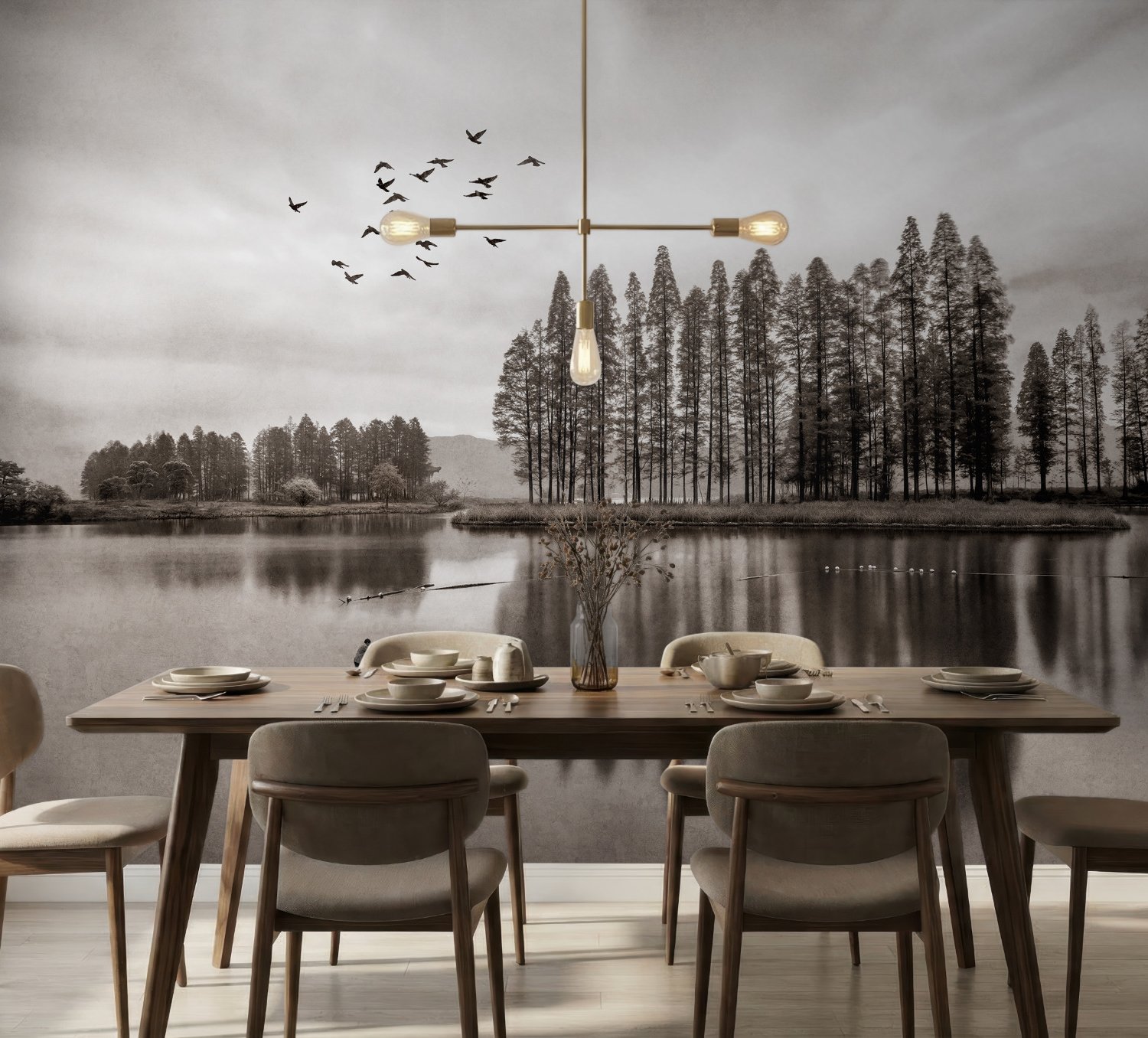 Monochrome Dark Forest and Lake Wallpaper Mural - Peel and Stick