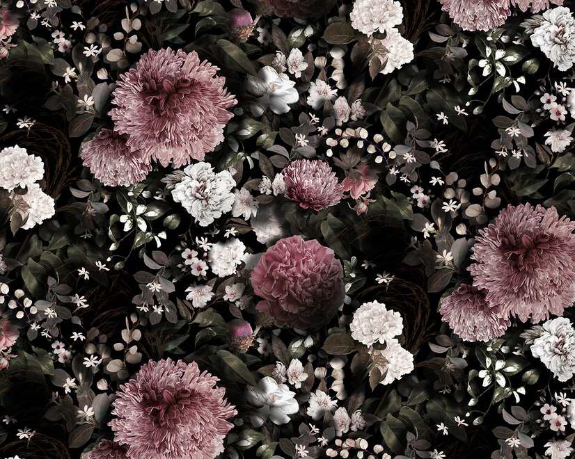 Dunkle Blumen Fototapete mit Rosa Chrysanthemen und Grünen Blättern