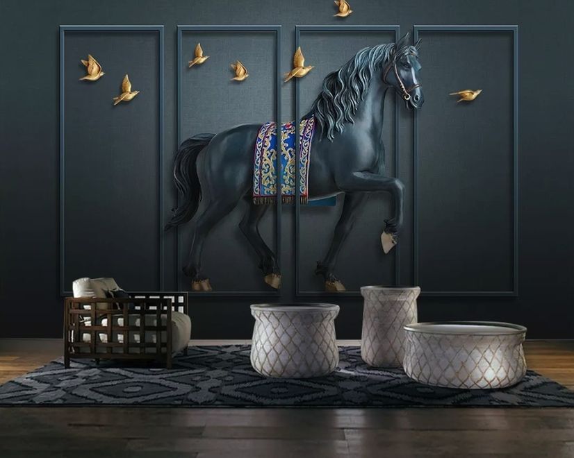 Papier peint panoramique cheval foncé effet relief 3D